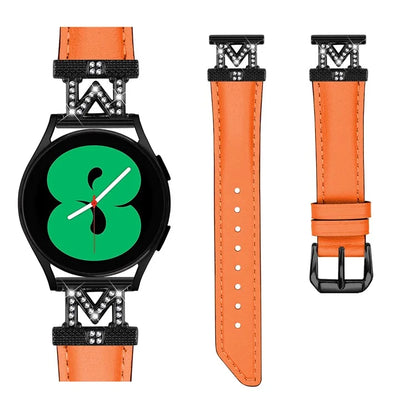 Rhinestone M-shape 20mm Band for Samsung Galaxy Watch3 41mm 45mm / Watch 5 40mm 44mm , Genuine Cow Leather Watch Strap with Black Buckle