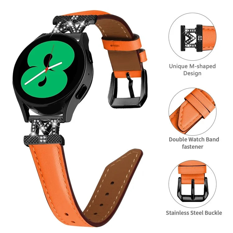 Rhinestone M-shape 20mm Band for Samsung Galaxy Watch3 41mm 45mm / Watch 5 40mm 44mm , Genuine Cow Leather Watch Strap with Black Buckle