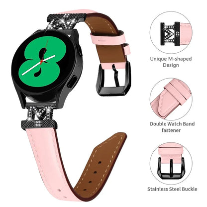 Rhinestone M-shape 20mm Band for Samsung Galaxy Watch3 41mm 45mm / Watch 5 40mm 44mm , Genuine Cow Leather Watch Strap with Black Buckle