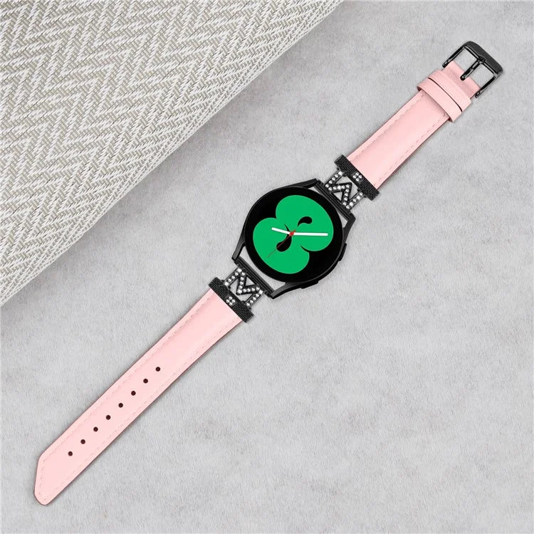 Rhinestone M-shape 20mm Band for Samsung Galaxy Watch3 41mm 45mm / Watch 5 40mm 44mm , Genuine Cow Leather Watch Strap with Black Buckle