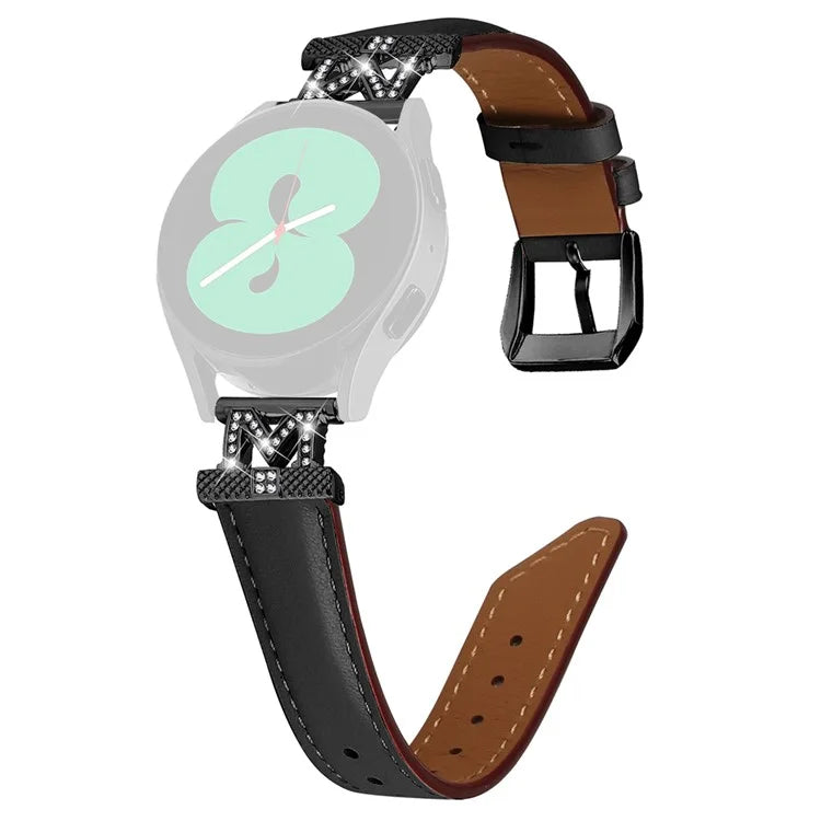 Rhinestone M-shape 20mm Band for Samsung Galaxy Watch3 41mm 45mm / Watch 5 40mm 44mm , Genuine Cow Leather Watch Strap with Black Buckle