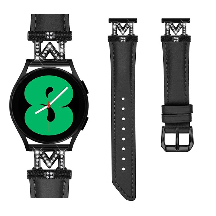 Rhinestone M-shape 20mm Band for Samsung Galaxy Watch3 41mm 45mm / Watch 5 40mm 44mm , Genuine Cow Leather Watch Strap with Black Buckle