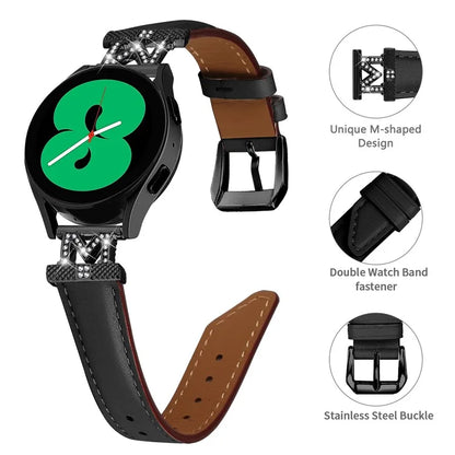 Rhinestone M-shape 20mm Band for Samsung Galaxy Watch3 41mm 45mm / Watch 5 40mm 44mm , Genuine Cow Leather Watch Strap with Black Buckle