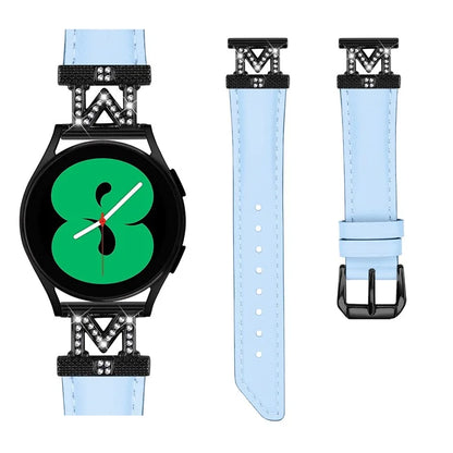 Rhinestone M-shape 20mm Band for Samsung Galaxy Watch3 41mm 45mm / Watch 5 40mm 44mm , Genuine Cow Leather Watch Strap with Black Buckle
