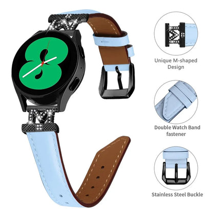 Rhinestone M-shape 20mm Band for Samsung Galaxy Watch3 41mm 45mm / Watch 5 40mm 44mm , Genuine Cow Leather Watch Strap with Black Buckle