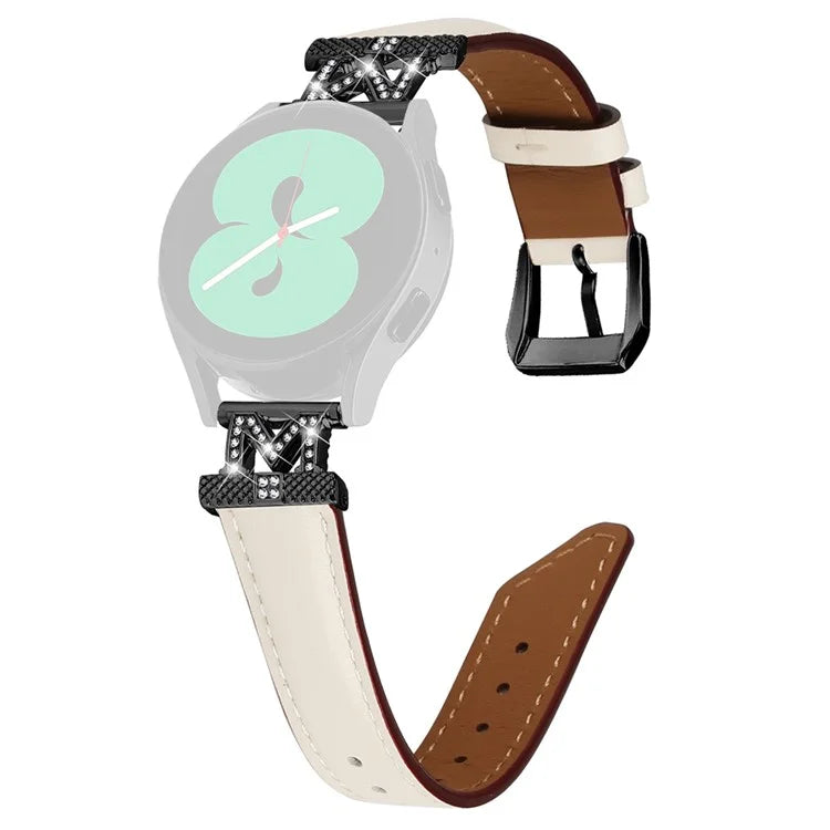 Rhinestone M-shape 20mm Band for Samsung Galaxy Watch3 41mm 45mm / Watch 5 40mm 44mm , Genuine Cow Leather Watch Strap with Black Buckle