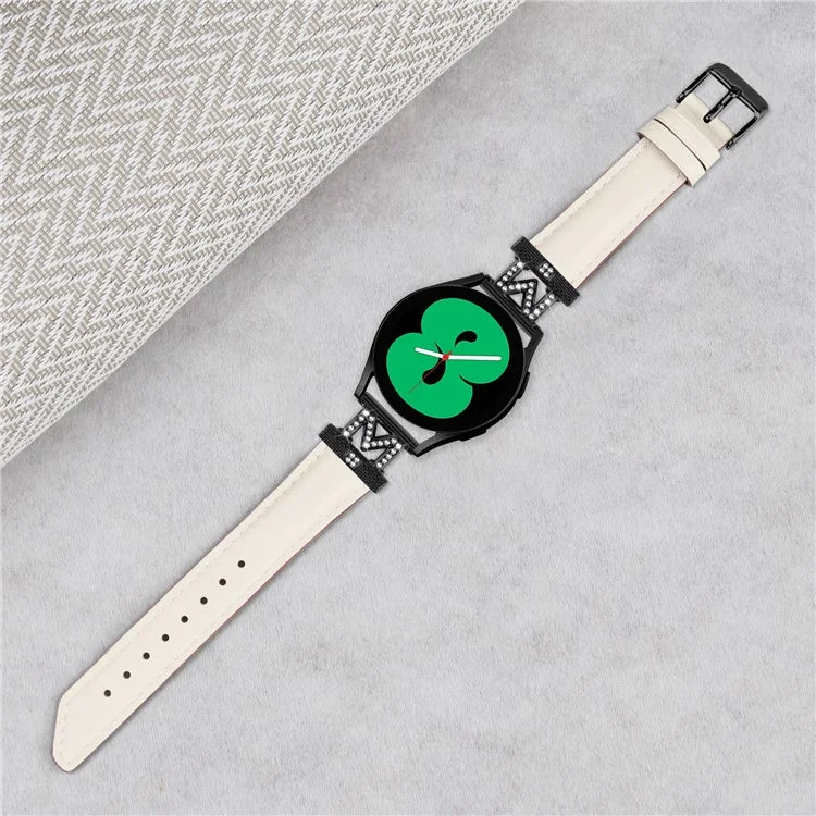Rhinestone M-shape 20mm Band for Samsung Galaxy Watch3 41mm 45mm / Watch 5 40mm 44mm , Genuine Cow Leather Watch Strap with Black Buckle