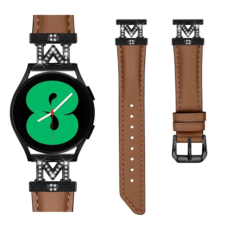 Rhinestone M-shape 20mm Band for Samsung Galaxy Watch3 41mm 45mm / Watch 5 40mm 44mm , Genuine Cow Leather Watch Strap with Black Buckle
