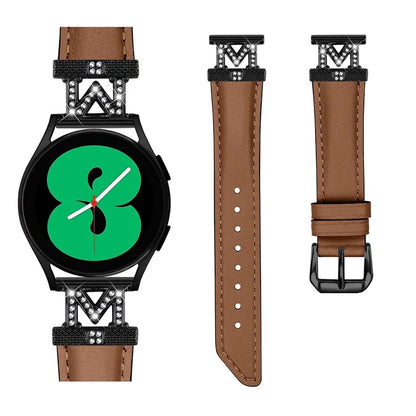 Rhinestone M-shape 20mm Band for Samsung Galaxy Watch3 41mm 45mm / Watch 5 40mm 44mm , Genuine Cow Leather Watch Strap with Black Buckle
