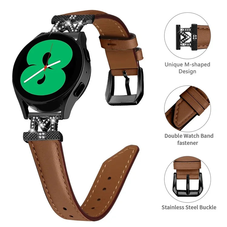 Rhinestone M-shape 20mm Band for Samsung Galaxy Watch3 41mm 45mm / Watch 5 40mm 44mm , Genuine Cow Leather Watch Strap with Black Buckle