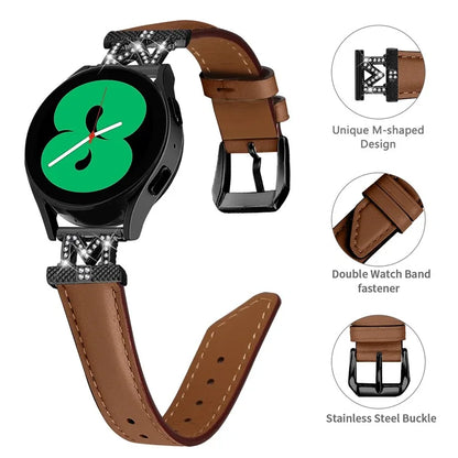 Rhinestone M-shape 20mm Band for Samsung Galaxy Watch3 41mm 45mm / Watch 5 40mm 44mm , Genuine Cow Leather Watch Strap with Black Buckle