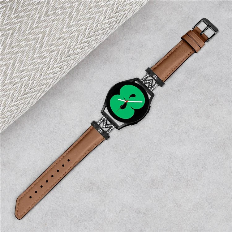 Rhinestone M-shape 20mm Band for Samsung Galaxy Watch3 41mm 45mm / Watch 5 40mm 44mm , Genuine Cow Leather Watch Strap with Black Buckle