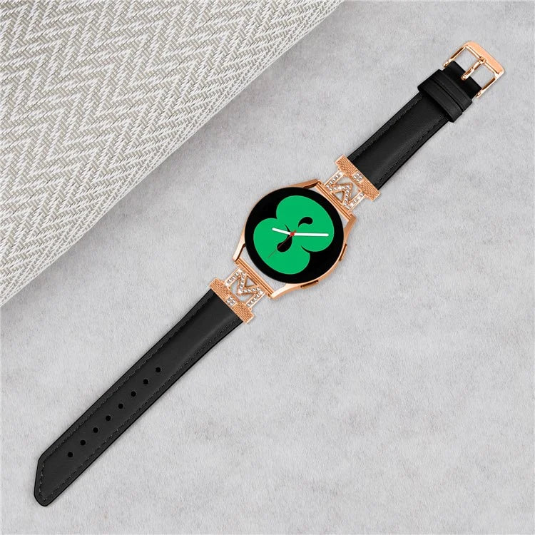 Genuine Cow Leather Band for Samsung Galaxy Watch3 41mm 45mm / Watch 5 40mm 44mm , Rhinestone M-shape 20mm Watch Strap with Rose Gold Buckle