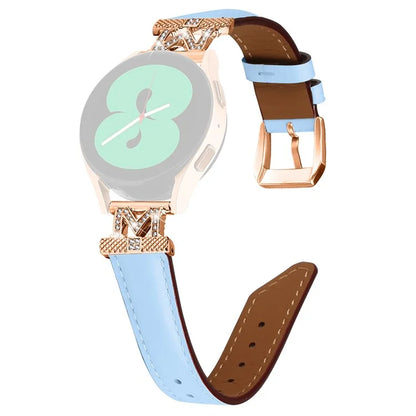 Genuine Cow Leather Band for Samsung Galaxy Watch3 41mm 45mm / Watch 5 40mm 44mm , Rhinestone M-shape 20mm Watch Strap with Rose Gold Buckle