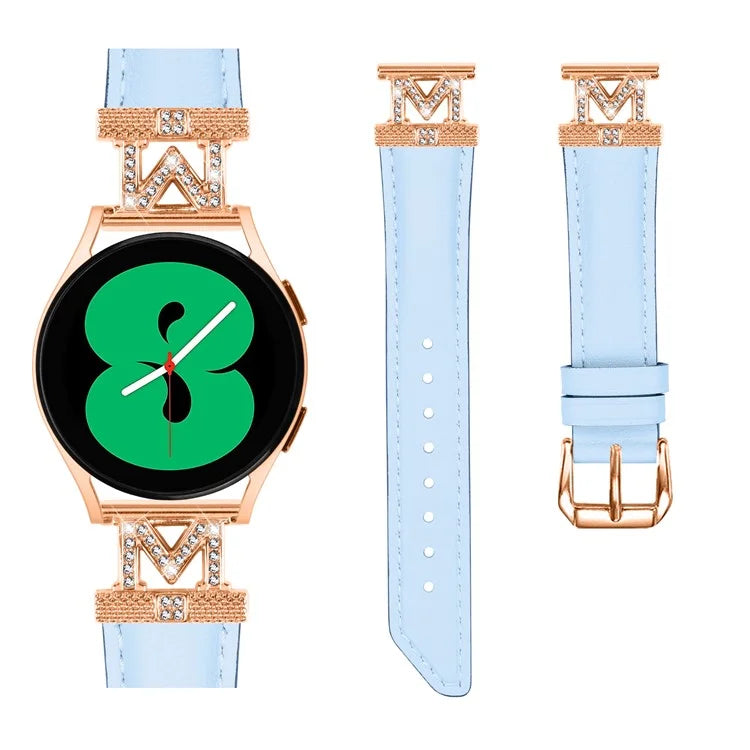 Genuine Cow Leather Band for Samsung Galaxy Watch3 41mm 45mm / Watch 5 40mm 44mm , Rhinestone M-shape 20mm Watch Strap with Rose Gold Buckle