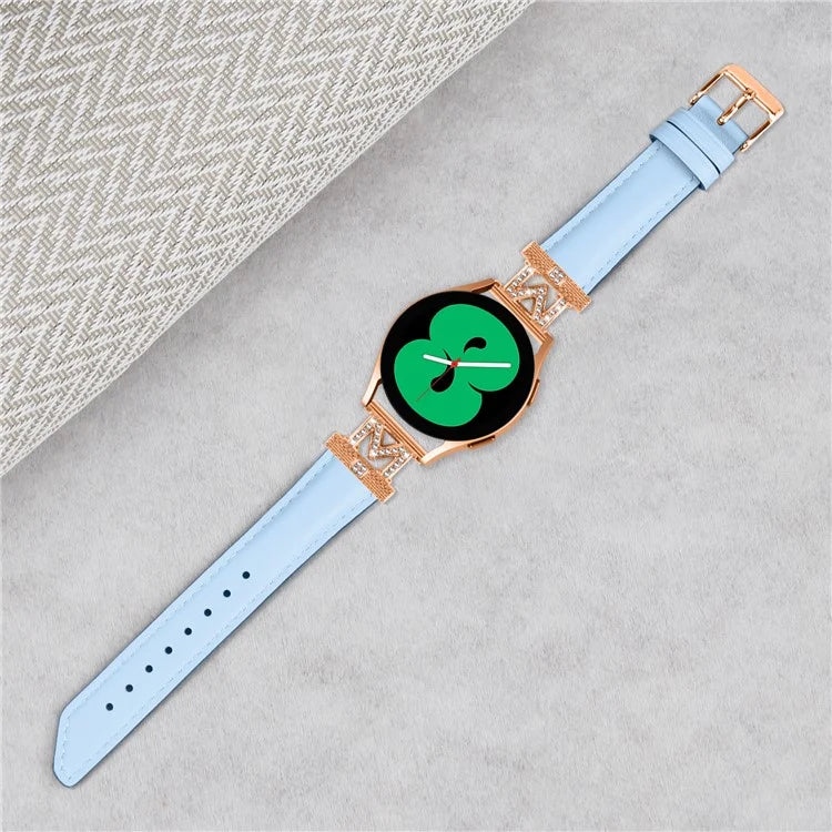 Genuine Cow Leather Band for Samsung Galaxy Watch3 41mm 45mm / Watch 5 40mm 44mm , Rhinestone M-shape 20mm Watch Strap with Rose Gold Buckle