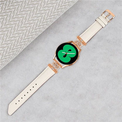 Genuine Cow Leather Band for Samsung Galaxy Watch3 41mm 45mm / Watch 5 40mm 44mm , Rhinestone M-shape 20mm Watch Strap with Rose Gold Buckle