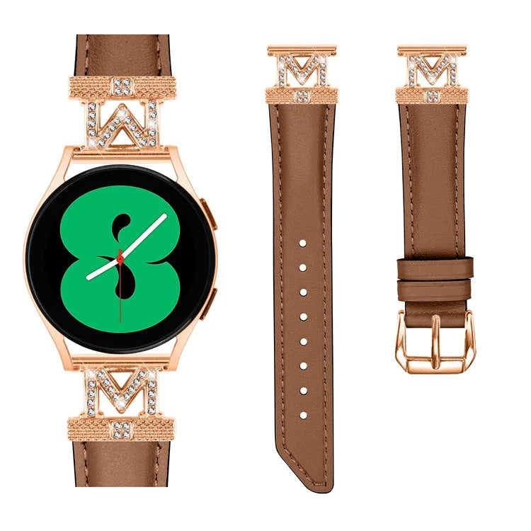 Genuine Cow Leather Band for Samsung Galaxy Watch3 41mm 45mm / Watch 5 40mm 44mm , Rhinestone M-shape 20mm Watch Strap with Rose Gold Buckle