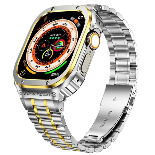 For Apple Watch Series 9  /  8  /  7 45mm Metal Watchband Integral Watch Strap with Case+Gold