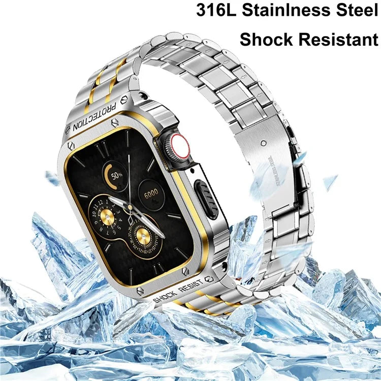 For Apple Watch Series 9  /  8  /  7 45mm Metal Watchband Integral Watch Strap with Case+Gold