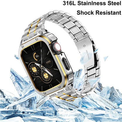 For Apple Watch Series 9  /  8  /  7 45mm Metal Watchband Integral Watch Strap with Case+Gold