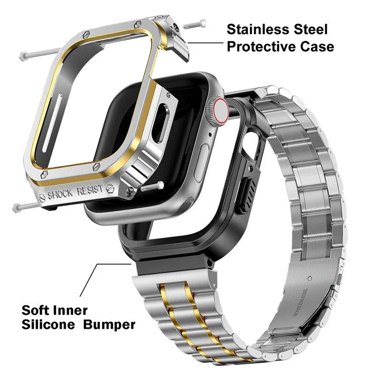 For Apple Watch Series 9  /  8  /  7 45mm Metal Watchband Integral Watch Strap with Case+Gold