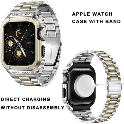 For Apple Watch Series 9  /  8  /  7 45mm Metal Watchband Integral Watch Strap with Case+Gold