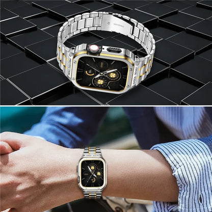 For Apple Watch Series 9  /  8  /  7 45mm Metal Watchband Integral Watch Strap with Case+Gold