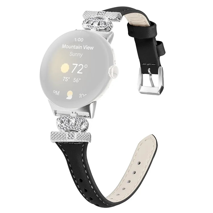 For Google Pixel Watch / Watch 2 Silver Buckle Genuine Cowhide Leather Band Crown Watch Strap