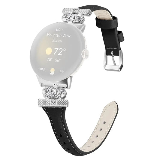 For Google Pixel Watch / Watch 2 Silver Buckle Genuine Cowhide Leather Band Crown Watch Strap
