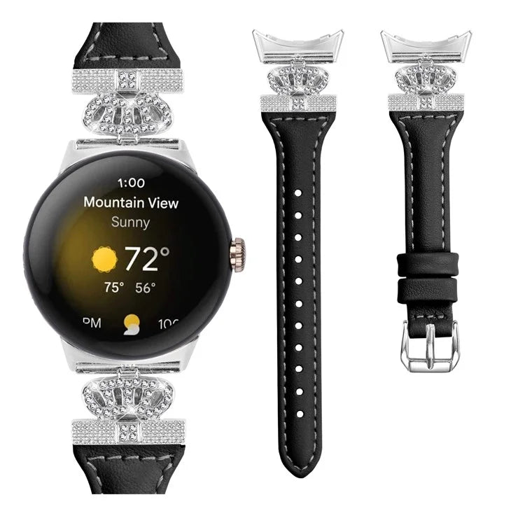 For Google Pixel Watch / Watch 2 Silver Buckle Genuine Cowhide Leather Band Crown Watch Strap