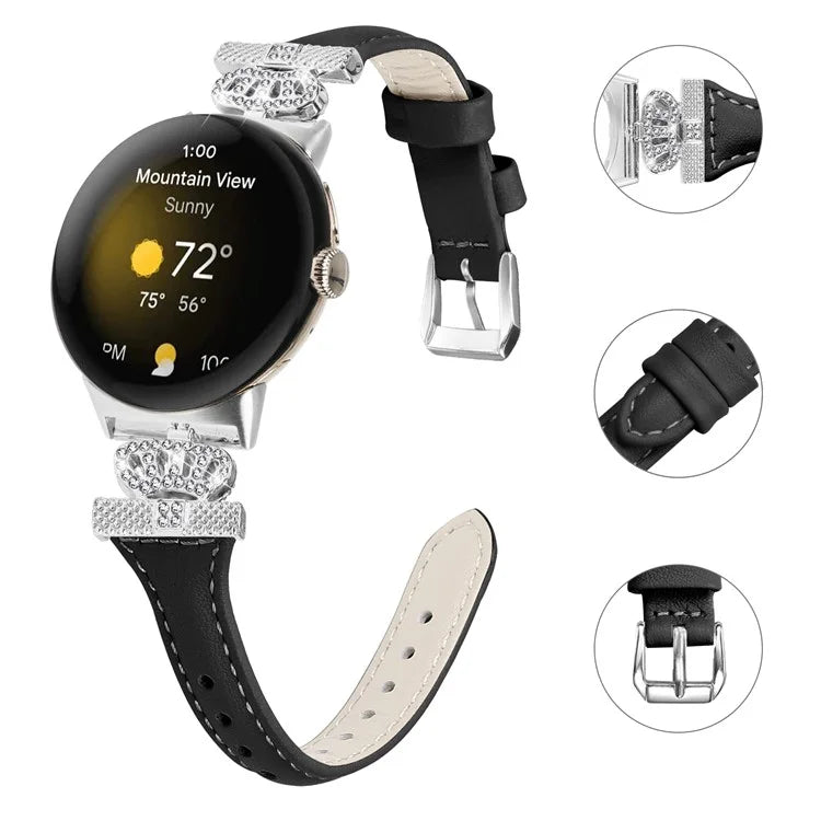 For Google Pixel Watch / Watch 2 Silver Buckle Genuine Cowhide Leather Band Crown Watch Strap