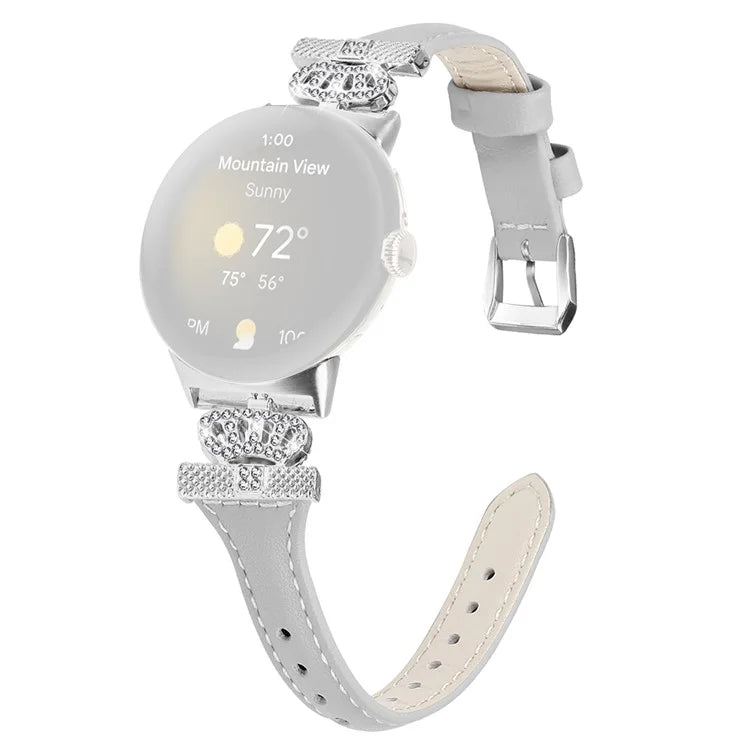 For Google Pixel Watch / Watch 2 Silver Buckle Genuine Cowhide Leather Band Crown Watch Strap