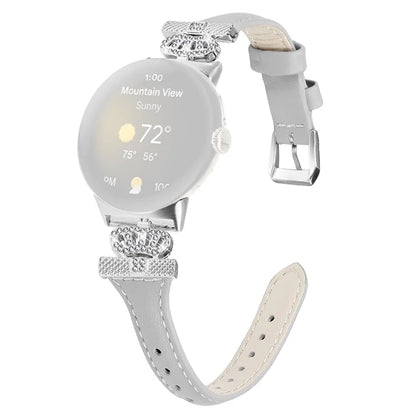 For Google Pixel Watch / Watch 2 Silver Buckle Genuine Cowhide Leather Band Crown Watch Strap