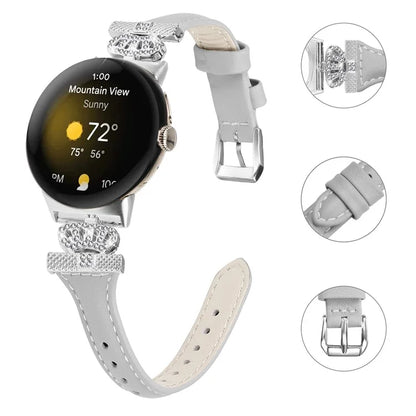 For Google Pixel Watch / Watch 2 Silver Buckle Genuine Cowhide Leather Band Crown Watch Strap