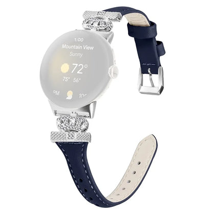 For Google Pixel Watch / Watch 2 Silver Buckle Genuine Cowhide Leather Band Crown Watch Strap