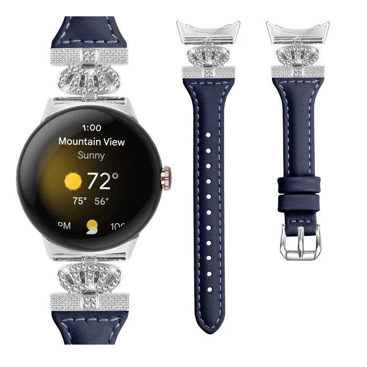 For Google Pixel Watch / Watch 2 Silver Buckle Genuine Cowhide Leather Band Crown Watch Strap