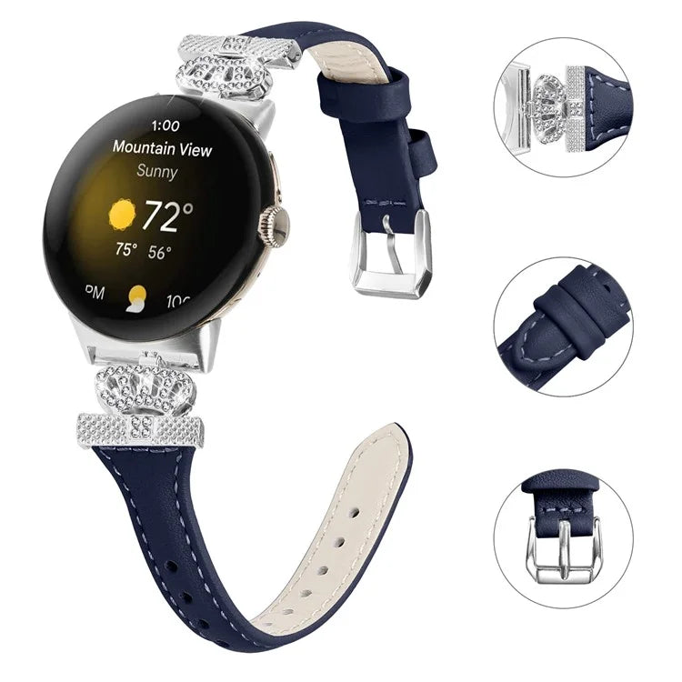 For Google Pixel Watch / Watch 2 Silver Buckle Genuine Cowhide Leather Band Crown Watch Strap