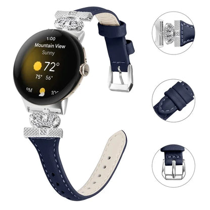 For Google Pixel Watch / Watch 2 Silver Buckle Genuine Cowhide Leather Band Crown Watch Strap