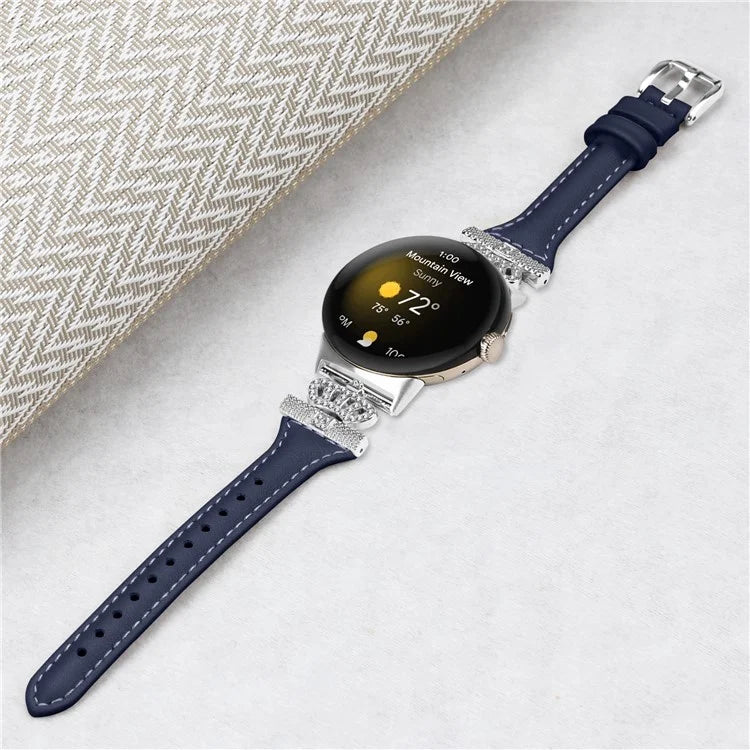 For Google Pixel Watch / Watch 2 Silver Buckle Genuine Cowhide Leather Band Crown Watch Strap