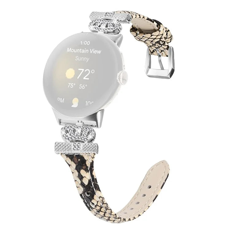 For Google Pixel Watch / Watch 2 Silver Buckle Genuine Cowhide Leather Band Crown Watch Strap