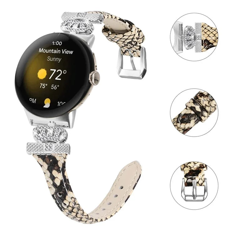 For Google Pixel Watch / Watch 2 Silver Buckle Genuine Cowhide Leather Band Crown Watch Strap