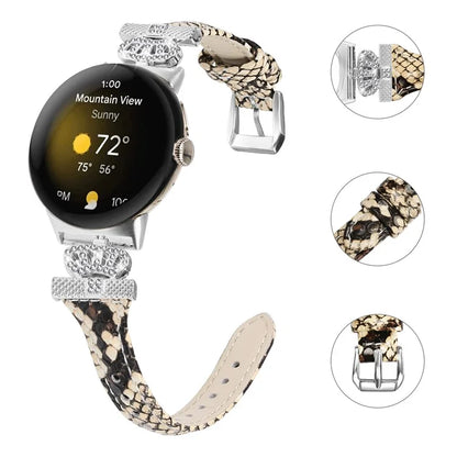 For Google Pixel Watch / Watch 2 Silver Buckle Genuine Cowhide Leather Band Crown Watch Strap