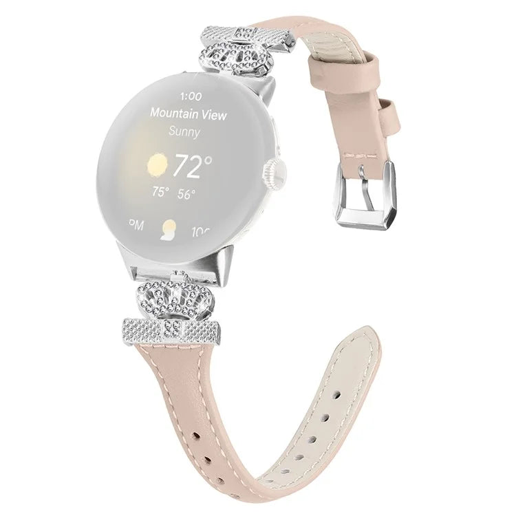 For Google Pixel Watch / Watch 2 Silver Buckle Genuine Cowhide Leather Band Crown Watch Strap