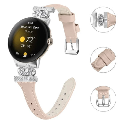 For Google Pixel Watch / Watch 2 Silver Buckle Genuine Cowhide Leather Band Crown Watch Strap