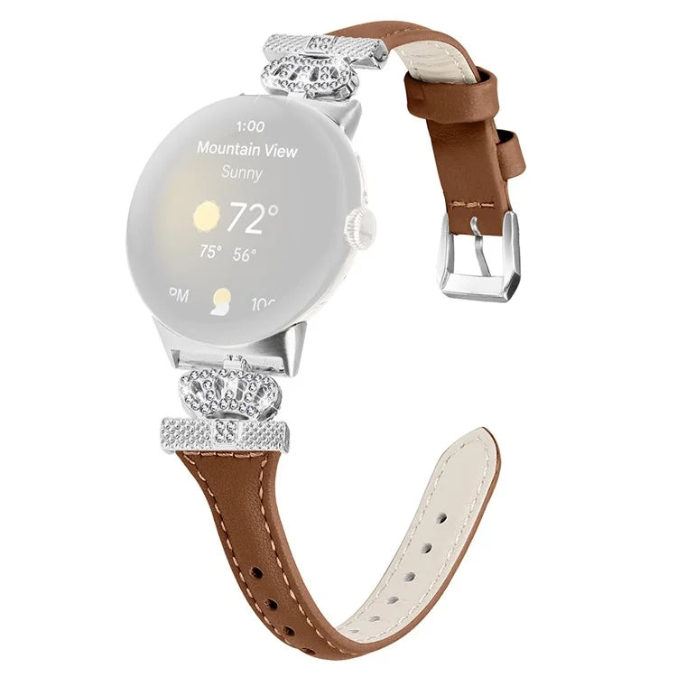 For Google Pixel Watch / Watch 2 Silver Buckle Genuine Cowhide Leather Band Crown Watch Strap