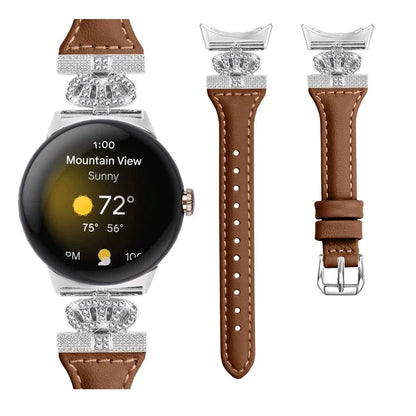 For Google Pixel Watch / Watch 2 Silver Buckle Genuine Cowhide Leather Band Crown Watch Strap