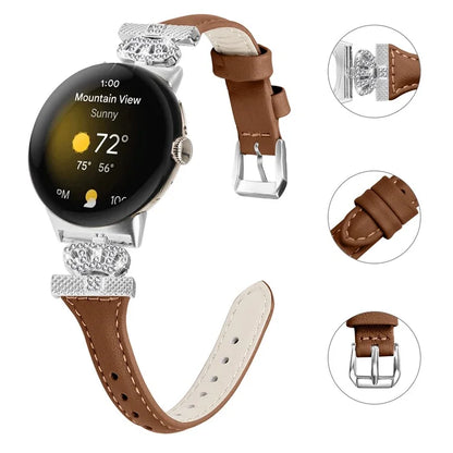 For Google Pixel Watch / Watch 2 Silver Buckle Genuine Cowhide Leather Band Crown Watch Strap