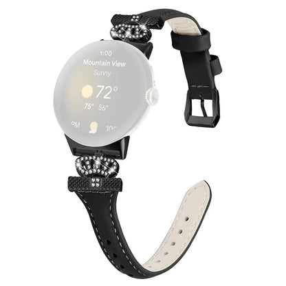 For Google Pixel Watch / Watch 2 Black Buckle Watch Strap Crown Rhinestone Connector Wrist Band