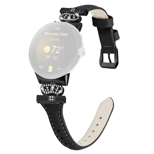 For Google Pixel Watch / Watch 2 Black Buckle Watch Strap Crown Rhinestone Connector Wrist Band